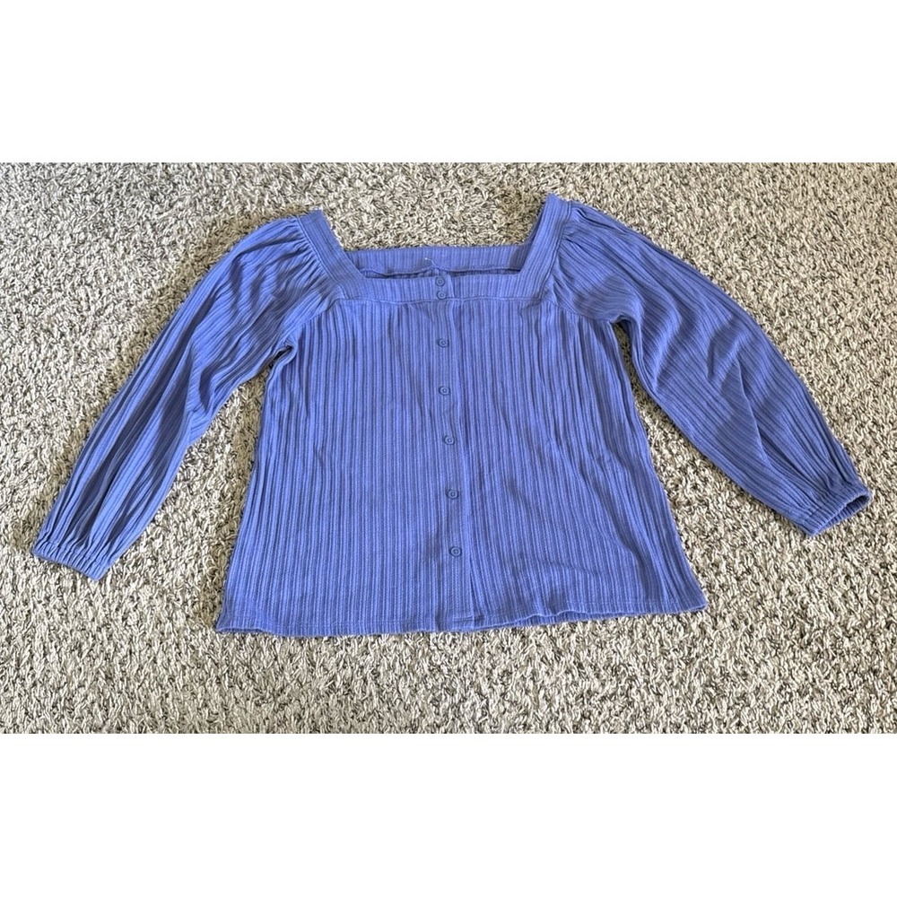 Loft Women's Purple Ribbed Button Down Square Neckline Top Size Petite Small